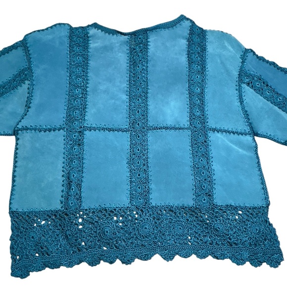 S.M.H Vintage Suede Paneled Crocheted Boho Western Festival Y2K Blazer Coat - Picture 4 of 15